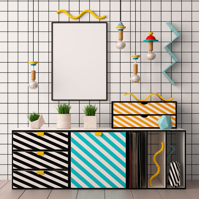 孟菲斯风格的室内海报。3D插图。三维渲染