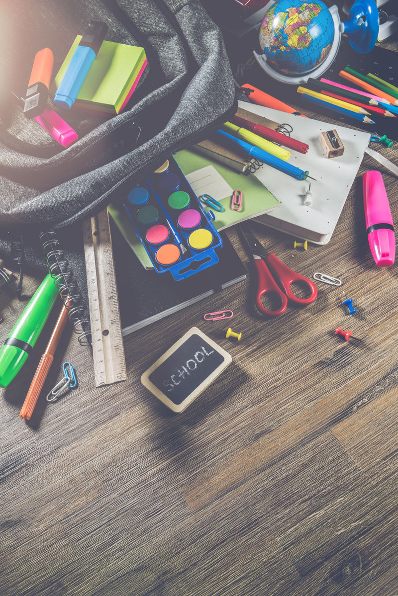 背包和学校用品，顶视图。返校理念