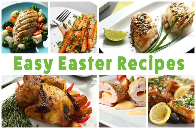 在背景上写上简单的复活节食谱。节日晚餐美食拼贴