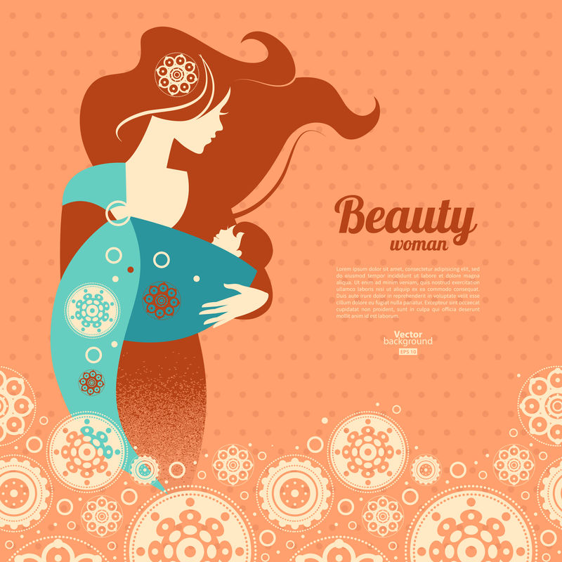 漂亮的母亲剪影-婴儿吊带和花卉背景