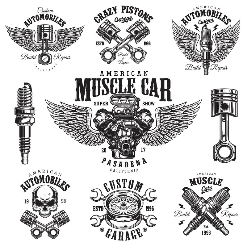 复古单色汽车维修标志套装