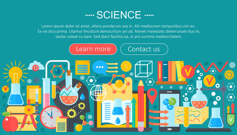 科学的平面设计概念。科学家实验室工作场所横幅。科学研究实验信息图形模板设计，网页标题图标元素。矢量图。