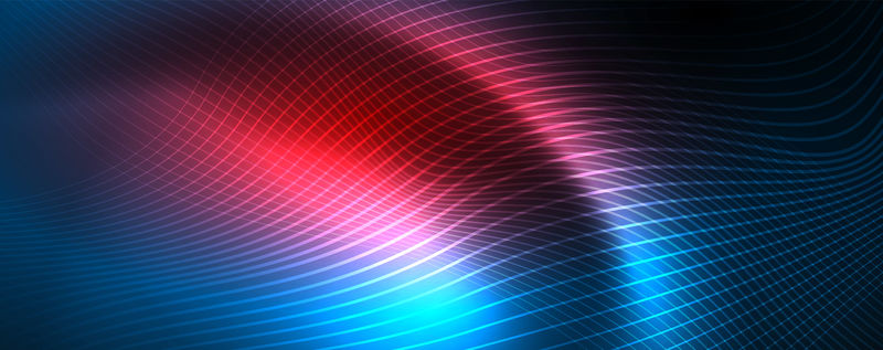 蓝色霓虹灯背景上的平滑波浪线。黑暗中闪耀的抽象波，闪亮的运动，神奇的空间光