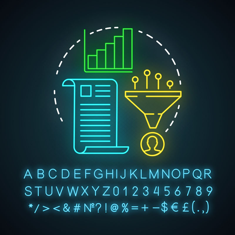 研究报告霓虹灯图标。销售转化漏斗。营销指标、分析。搜索信息结果。带字母、数字和符号的发光符号。矢量隔离图