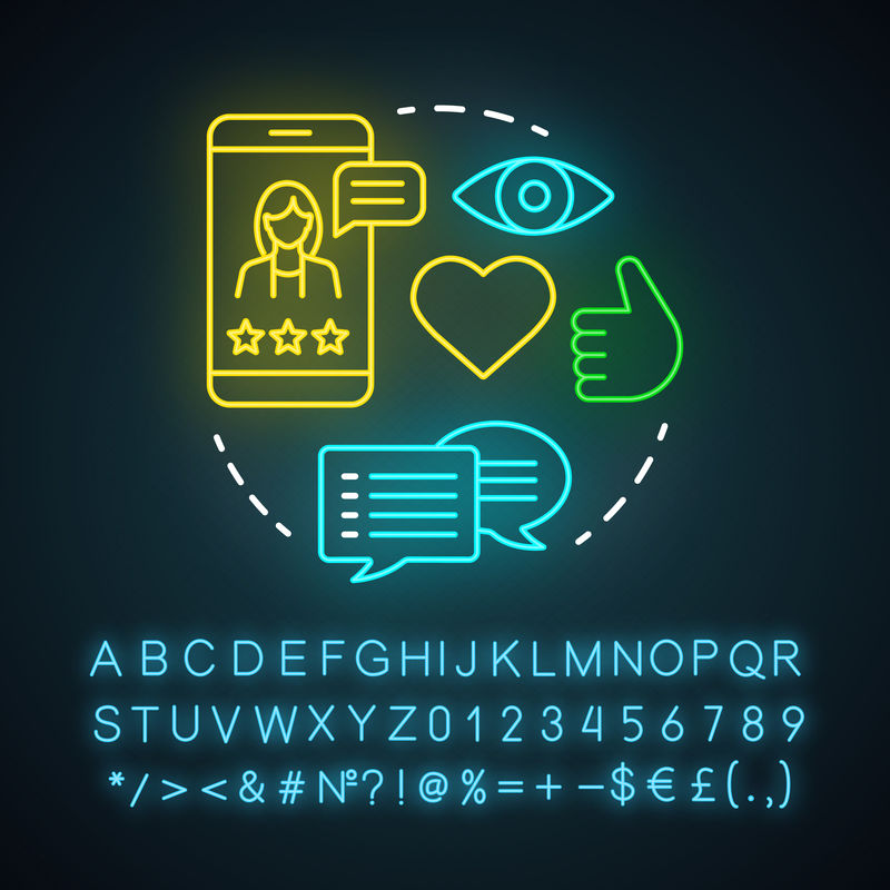 迷人的评论霓虹灯图标。在线公关订户评论。博客评论，客户积极评论，反馈。带字母、数字和符号的发光符号。矢量隔离图