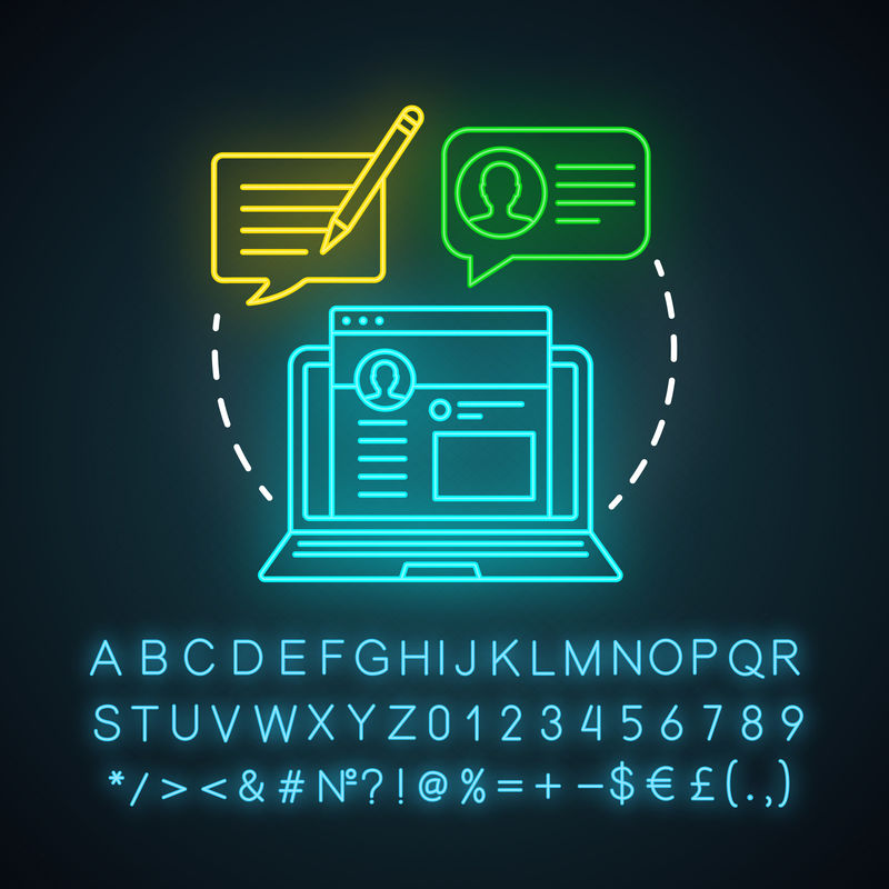 博客帖子霓虹灯图标。内容优化。博客。目标定位策略。文案写作,广告文本写作。带字母、数字和符号的发光符号。矢量隔离图