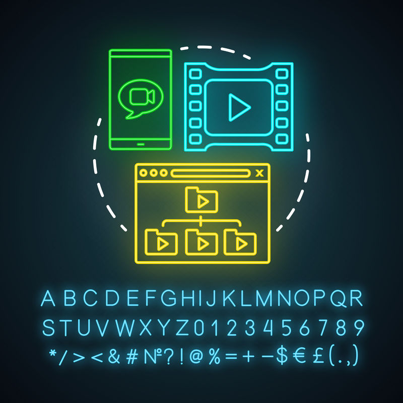 托管视频广告霓虹灯图标。关联营销。绩效营销。在线视频广告，vlogging。带字母、数字和符号的发光符号。矢量隔离图