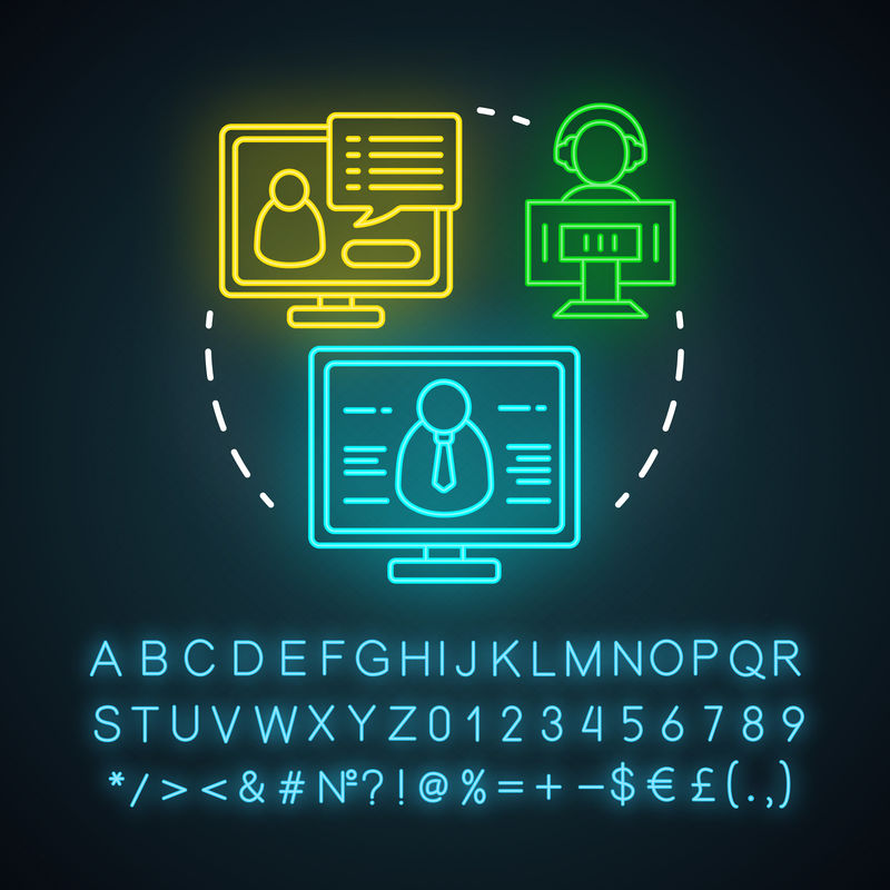 网络研讨会霓虹灯图标。电子学习。基于Web的视频会议。网络研讨会。在线课程,课程。远程教育。带字母、数字和符号的发光符号。矢量隔离图