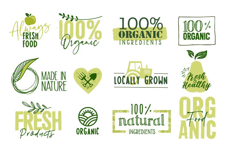 为食品市场、电子商务、有机产品推广、健康生活和优质食品和饮料收集有机食品、农场新鲜天然产品图标和元素