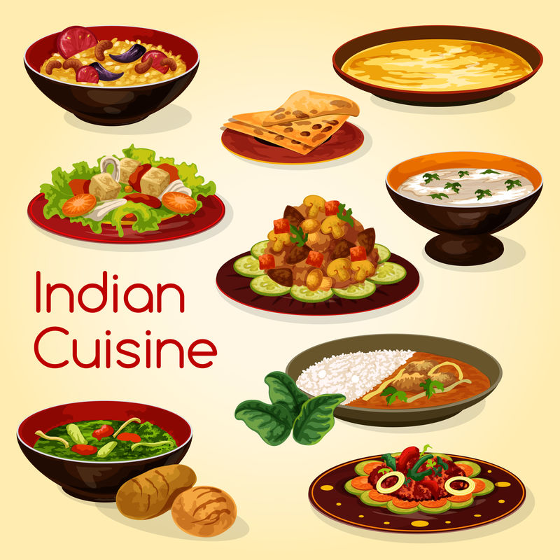 印度菜、米饭、肉类和蔬菜