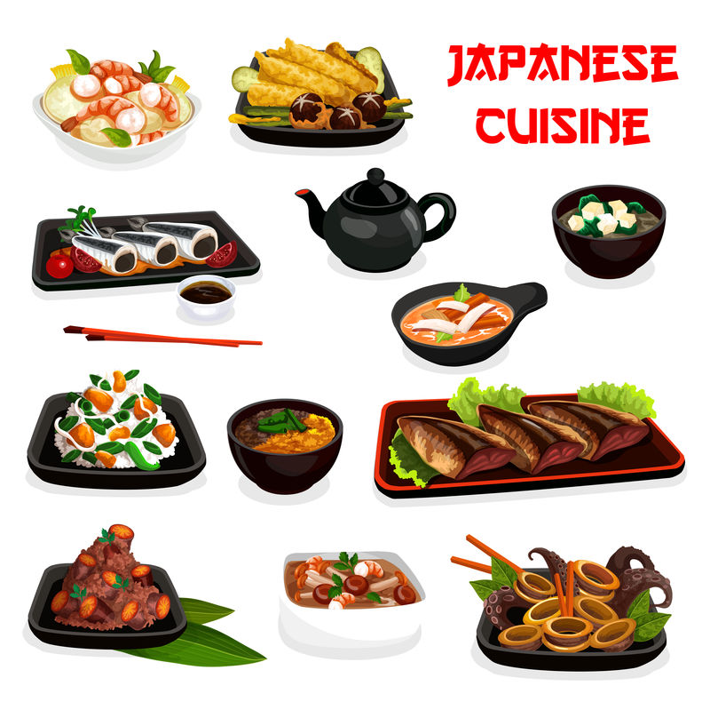 日本料理汤、沙拉和海鲜炖菜
