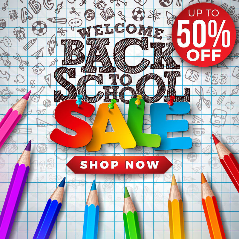 回到学校的销售设计与彩色铅笔和手绘涂鸦的方格背景。矢量插图,特别提供优惠券、优惠券、横幅、传单、海报或贺卡的排版元素。