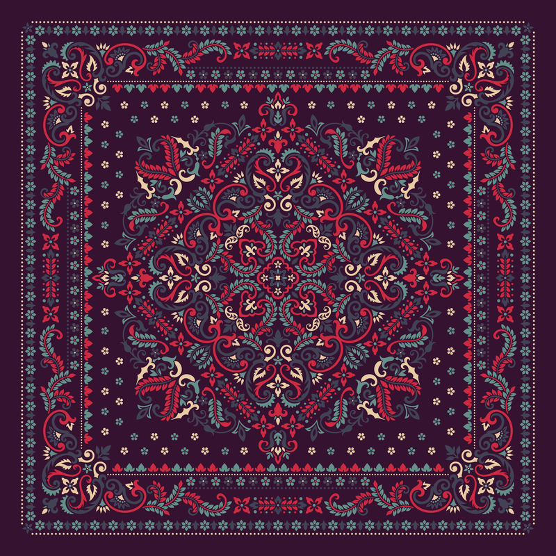 矢量装饰印花。佩斯利和花卉的传统装饰图案。丝绸领巾或方巾图案设计风格，织物或纸上印刷的最佳动机。
