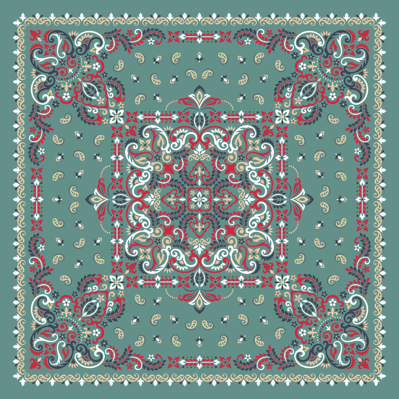 矢量装饰印花。佩斯利和花卉的传统装饰图案。丝绸领巾或方巾图案设计风格，织物或纸上印刷的最佳动机。