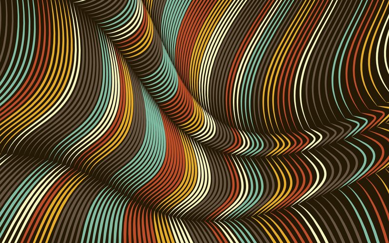 矢量扭曲线背景。柔软的条纹，扭曲成丝绸，形成体积折叠。彩色条纹，宽度可变。现代抽象创作背景。