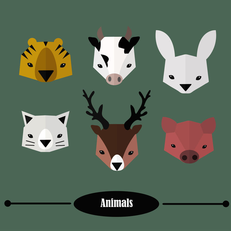 森林动物心脏平面矢量图-一组野生动物-绿色背景