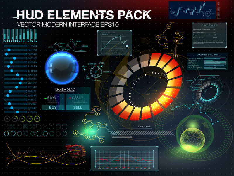 摘要HUD。神奇的抽象背景和不同的HUD元素。各种各样的抬头显示器元件的大集合。图表、额定值类型的HUD开关和各种几何对象