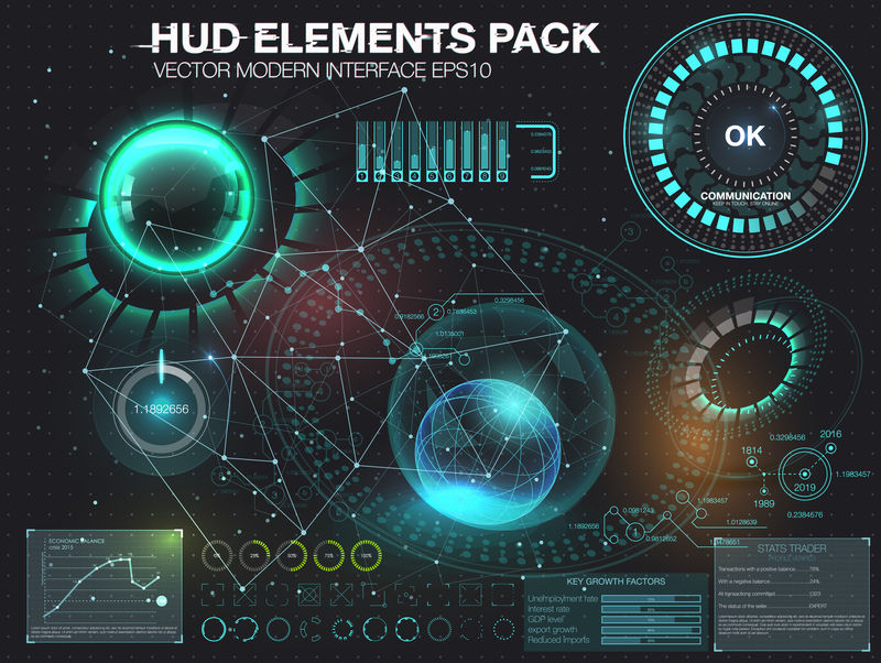 神奇的抽象背景与不同的元素的HUD。大量的各种HUD元件。图表、收视率样式的HUD开关和各种几何对象