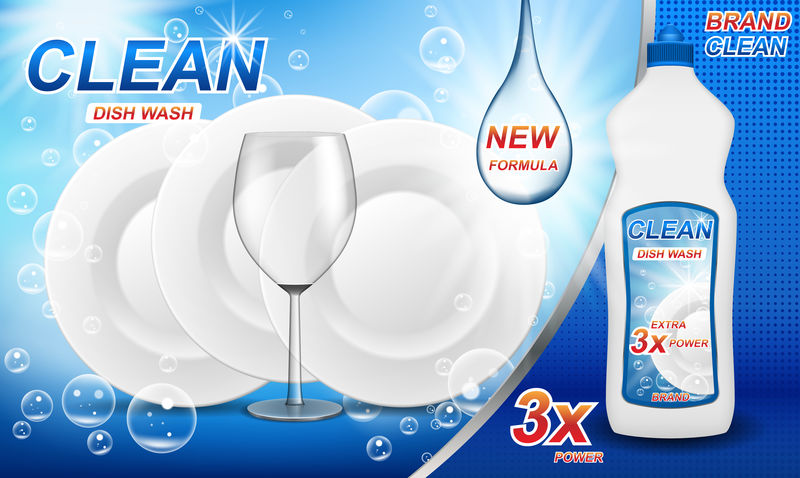 洗碗液产品广告。逼真的洗碗模板包装设计。用干净的盘子海报清洗肥皂瓶。三维矢量图