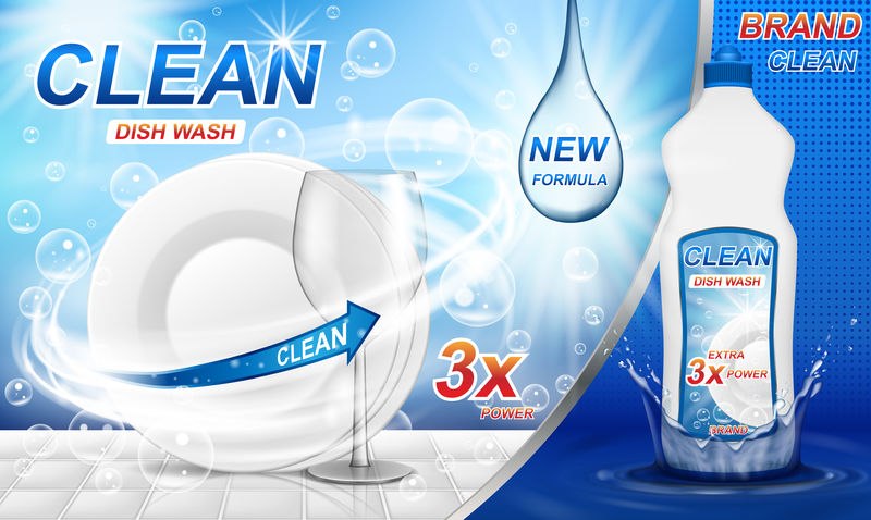 洗碗肥皂广告。逼真的塑料洗碗包装与标签设计。用干净的盘子和水花清洗肥皂。三维矢量图