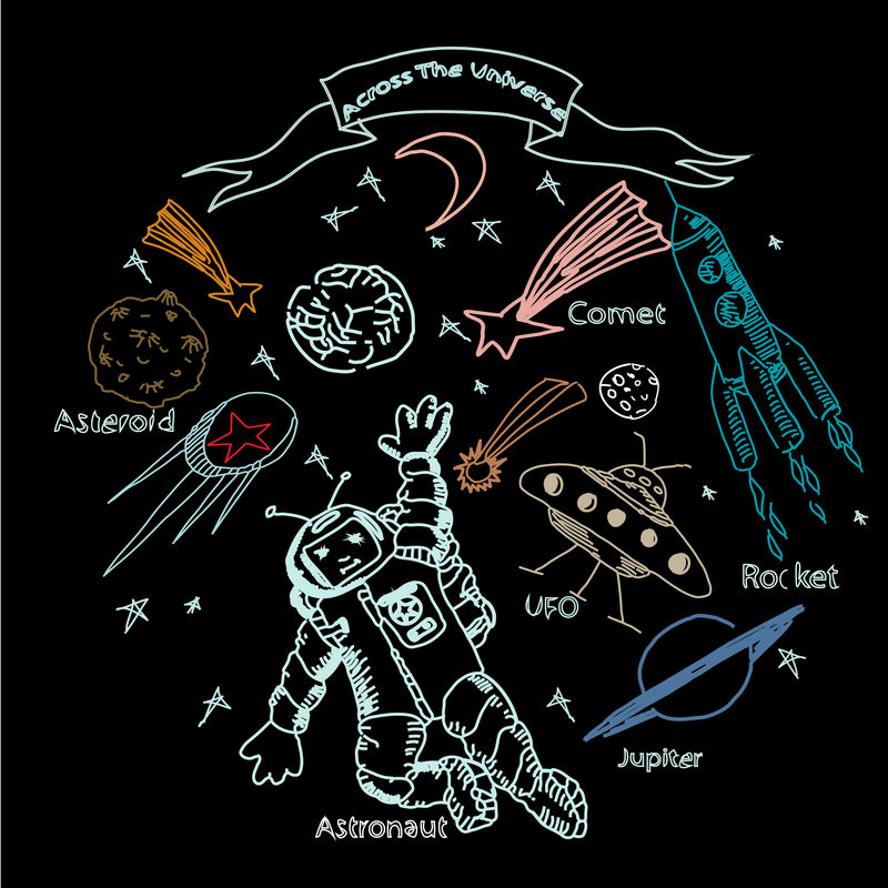 手绘矢量图。宇航员和太空物体。