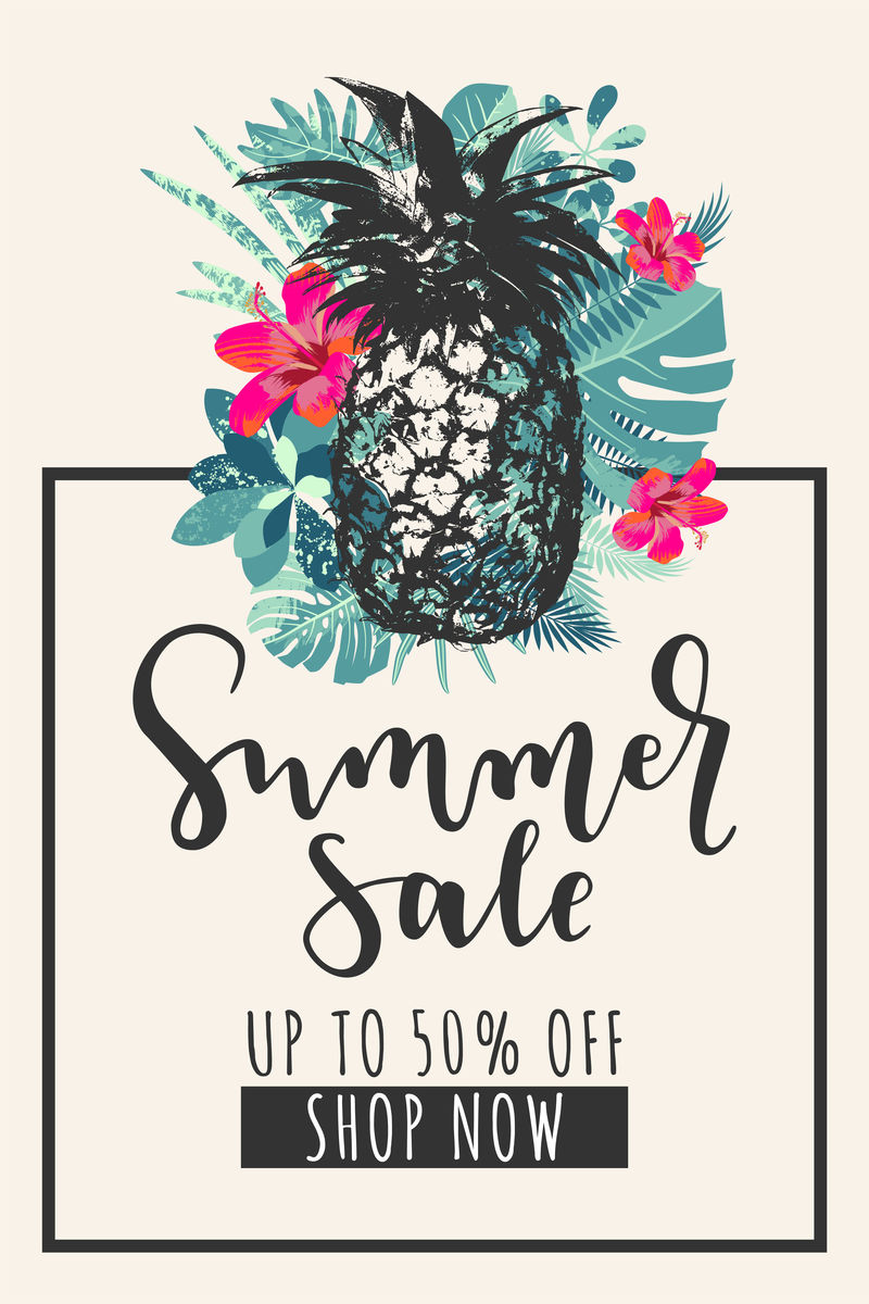夏季销售横幅。高达50%的折扣优惠。热带D