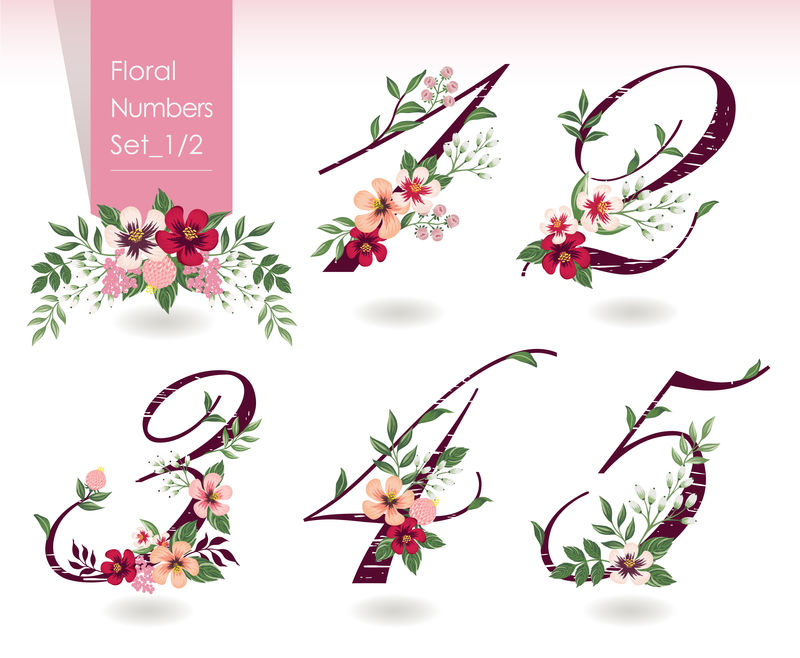 春季花号收集矢量图-一套漂亮的鲜花和结婚、请柬和生日卡片的号码