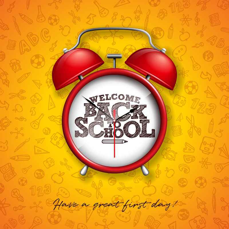 回到学校设计红色闹钟和黄色背景的排版。带手绘涂鸦的矢量教育概念图,用于贺卡、横幅、传单、邀请函、宣传册或宣传海报。