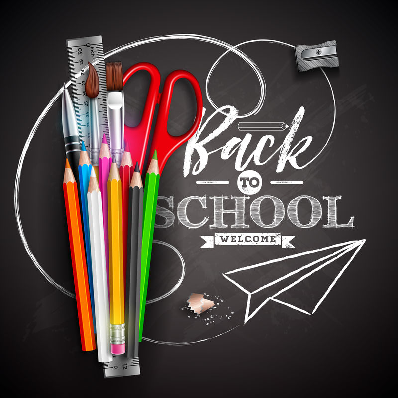 回到学校的设计与彩色铅笔，剪刀，尺子和印刷字体的黑色黑板背景。带教育元素的矢量插图，用于贺卡、横幅、传单、邀请函、小册子或宣传海报。
