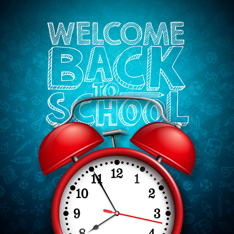 回到学校设计与红色闹钟和黑色黑板背景印刷。矢量教育概念说明，用于贺卡、横幅、传单、邀请函、宣传册或宣传海报。