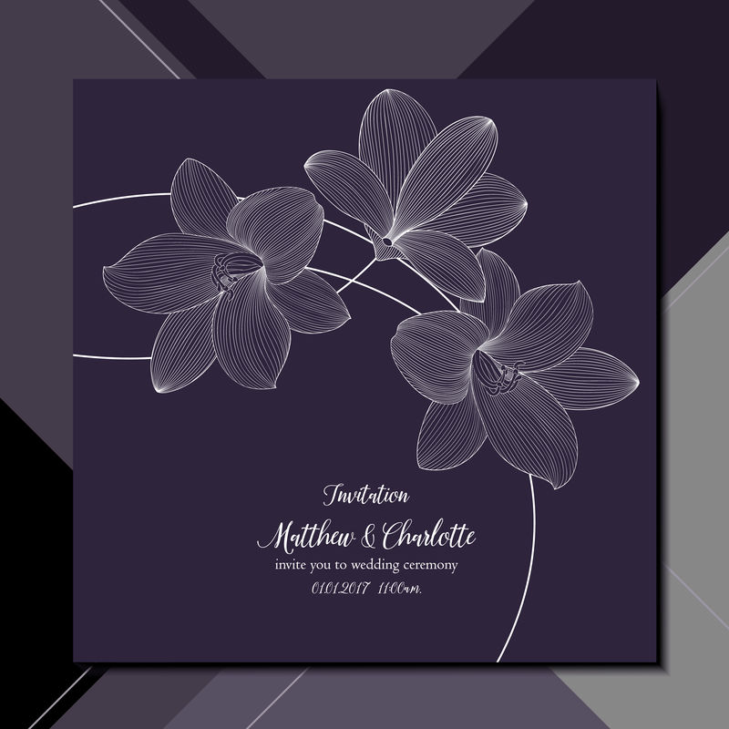 婚礼邀请函模板-问候-设计元素-手绘百合花矢量图案-抽象背景上的可爱花卡