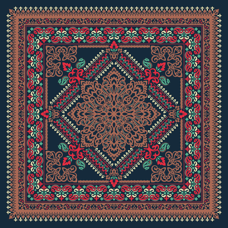 矢量装饰佩斯利手帕印花。丝绸领巾或方巾图案设计风格，织物或纸上印刷的最佳动机。