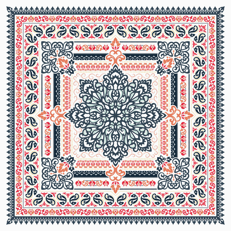 矢量装饰佩斯利手帕印花。丝绸领巾或方巾图案设计风格，织物或纸上印刷的最佳动机。