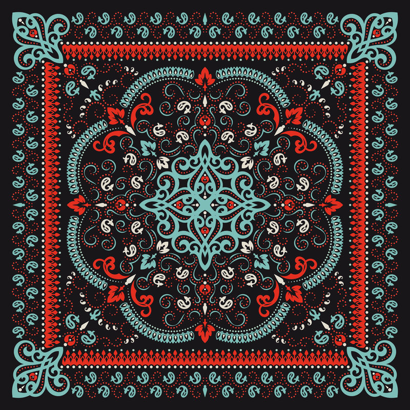 矢量装饰佩斯利手帕印花。丝绸领巾或方巾图案设计风格，织物或纸上印刷的最佳动机。