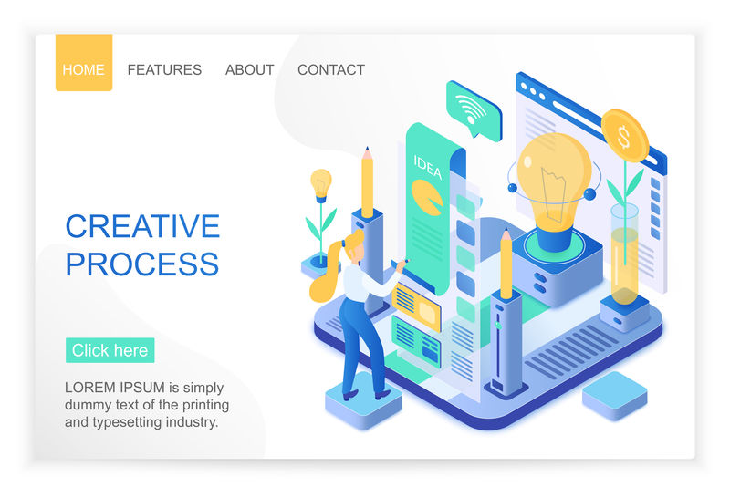 创意流程等距登录页面矢量模板