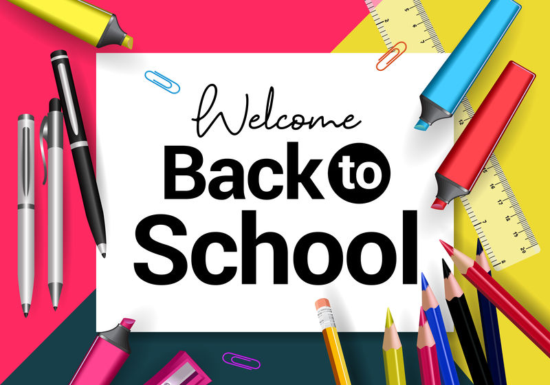 回到学校矢量设计与彩色剪纸文本-教育元素和学校用品在白色背景-矢量图