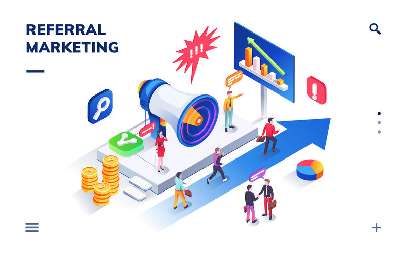 参考一个朋友程序等角符号-推荐营销广告横幅或广告传单-商业网络和附属机构-靠近扩音器和箭头的人-邀请-推荐网络