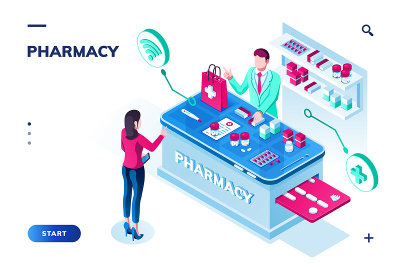女人在药店点药-与医生或药剂师通过互联网在线销售药片的等距药房-药店或药店-智能手机的药物应用设计-药剂师