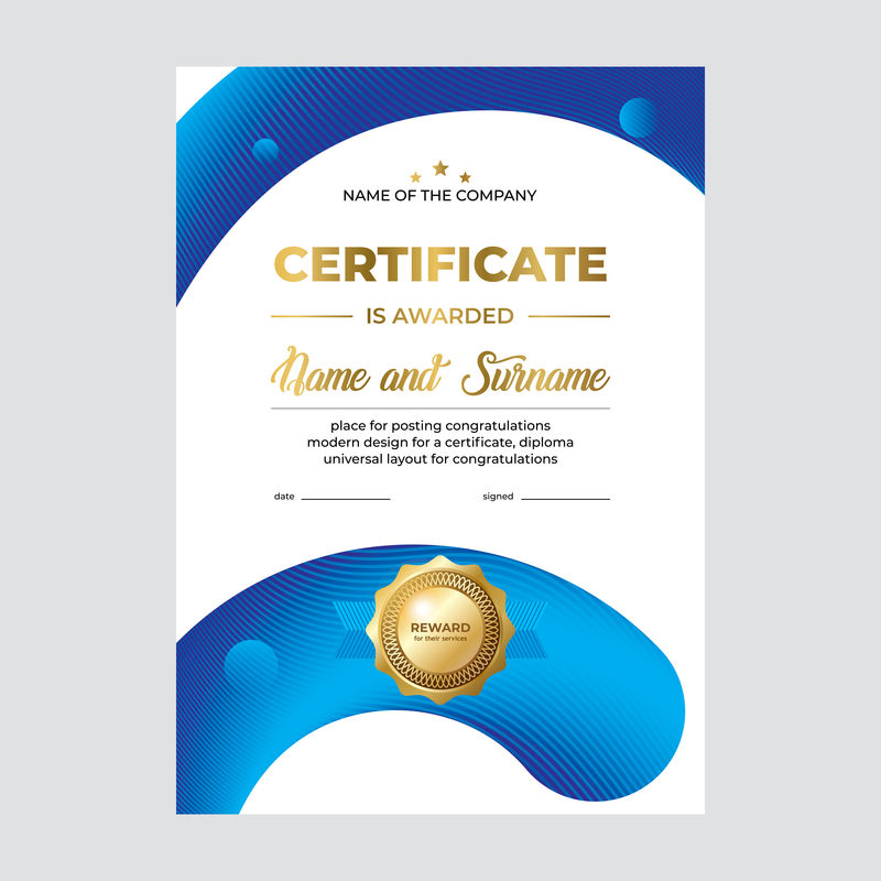 证书设计、创意几何蓝背景、金质文凭模板