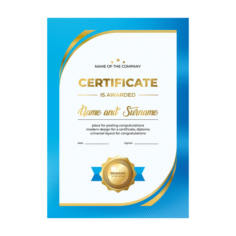 现代证书设计-文凭模板-带金色印章的创意蓝色背景