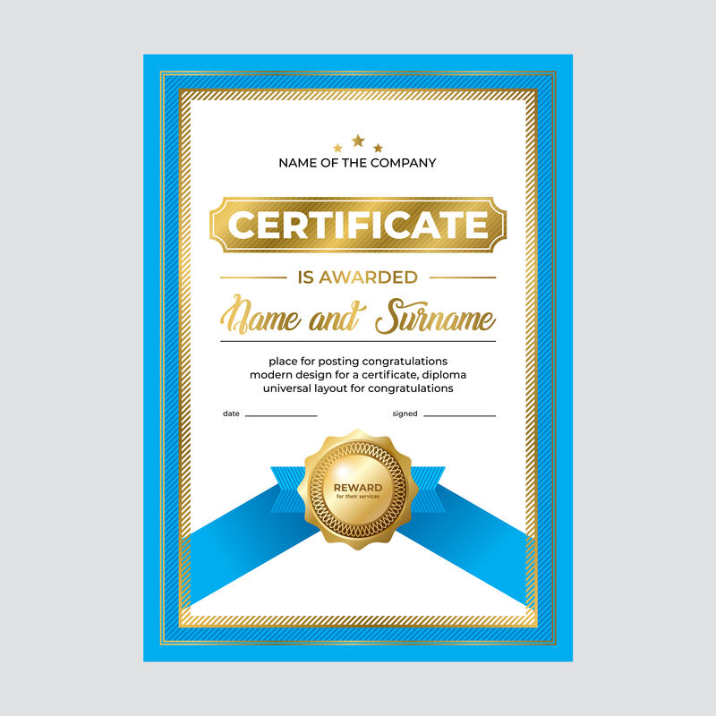 证书设计-文凭模板-带金色印章的创意蓝色背景