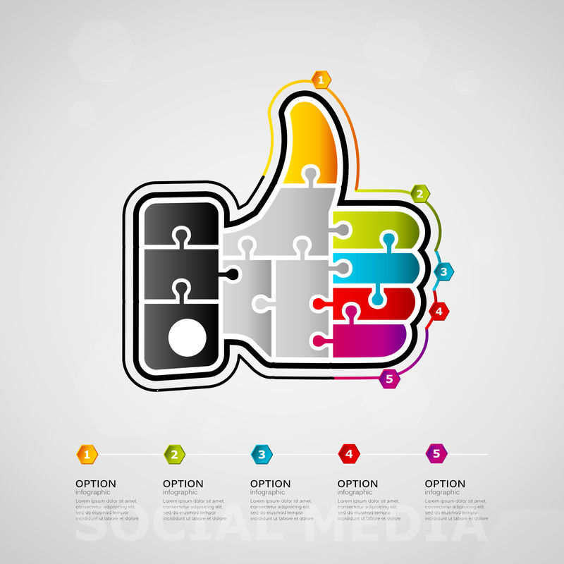 五种选择社交媒体时间线信息图形设计-带有由拼图块制成的拇指向上图标