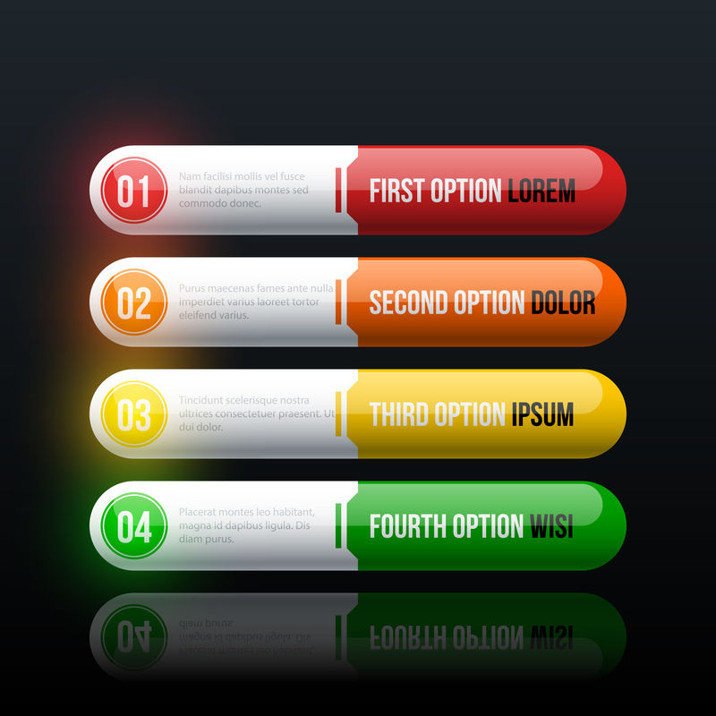 黑色光面背景上的四个彩色选项,采用高科技风格