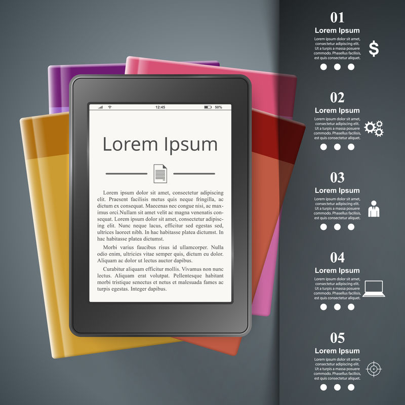 电子书阅读器,书籍阅读器,书籍图标。商业信息图表。