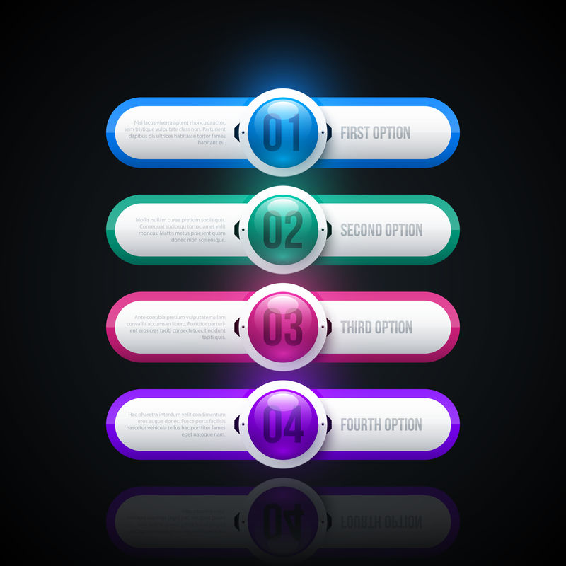 黑色光面背景下的四个对称选项,发光公司风格