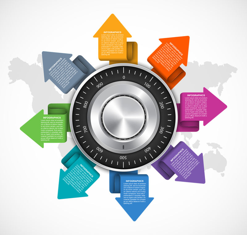 信息图表设计模板。保护信息。组合式安全锁设计理念。