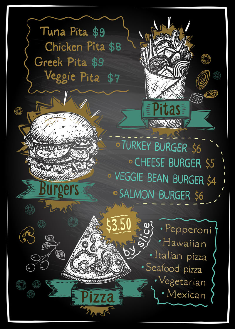 粉笔菜单列表比萨饼、汉堡和皮塔的黑板设计，手绘图形说明