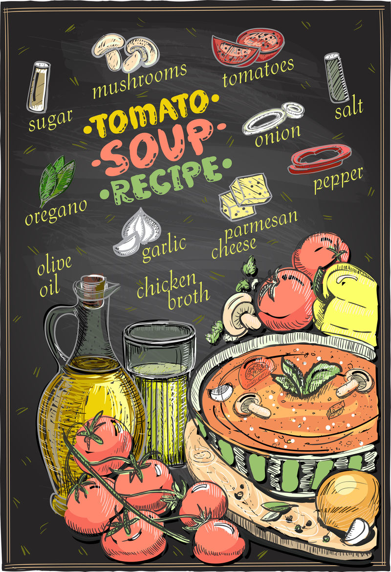 番茄汤配方黑板设计，汤菜单和配料