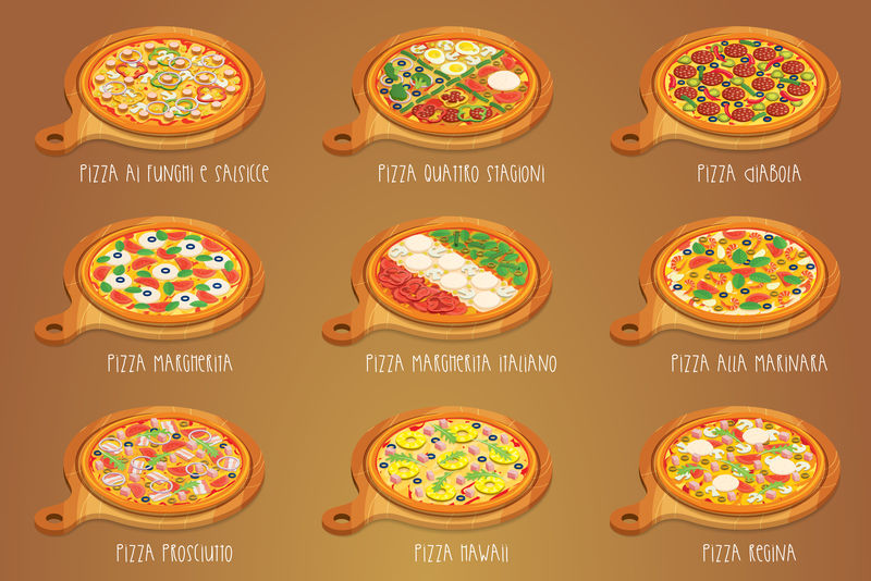 切菜板上的意大利披萨。9项。不同的种类。