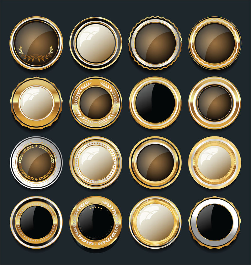 大量的黑色和金色徽章、纽扣或标签